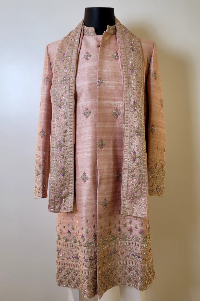 Peach Elegance — Peach Hand Embroidered Dupion Silk Sherwani