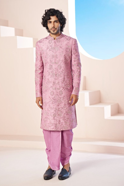Velora — Mauve Pink Hand Embroidered Falling Raw Silk Sherwani