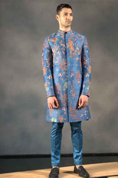 Coral Vogue — Blue Hand Embroidered Raw Silk Sherwani