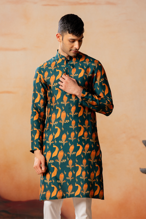 Peacock — Teal & Orange Peacock Print Silk Kurta