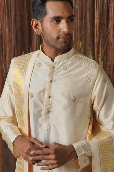 Vruksha Kanjivaram — Cream Pink Hand Embroidered Kanjivaram Pattu Silk Kurta Set