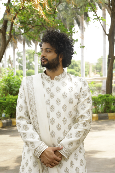 Iysian Silver — White Silver Hand Embroidered Dupion Silk Sherwani