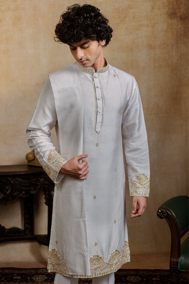 Mandala — Off-White Hand Embroidered Falling Raw Silk Kurta