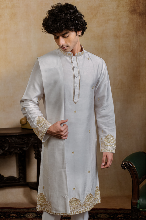 Mandala — Off-White Hand Embroidered Falling Raw Silk Kurta