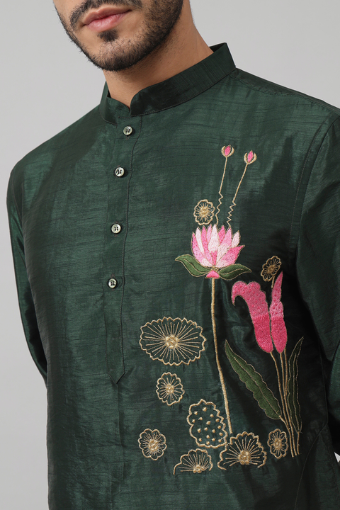 Varen — Green Embroidered Semi Raw Silk Kurta