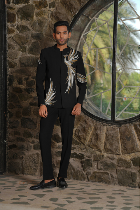 Skyflare — Black Metallic Peacock Embroidered British Suede Suiting Bandhgala