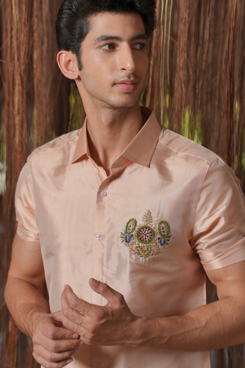 Ratna Kanjivaram — Blush Hand Embroidered Kanjivaram Pattu Silk Shirt & Lungi Set