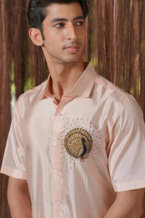 Mayura Kanjivaram — Light Pink Peacock Hand Embroidered Kanjivaram Pattu Silk Shirt & Lungi Set