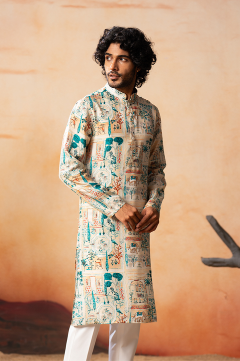 Foret — Cream Forest Print Silk Kurta