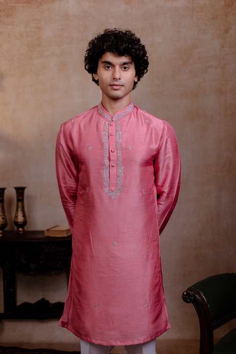 Prism Motif — Pink Geometric Embroidered Falling Raw Silk Kurta