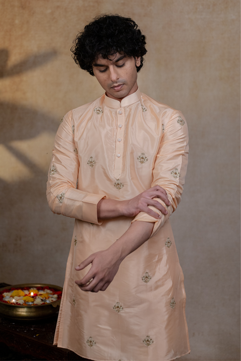 Ananta — Peach Hand Embroidered Semi Pattu Silk Kurta