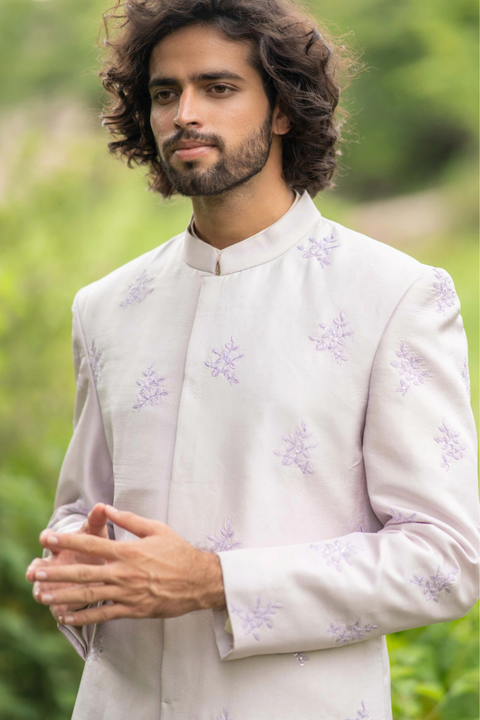 Lilac Majesty — Lilac Hand Embroidered Twill Silk Sherwani