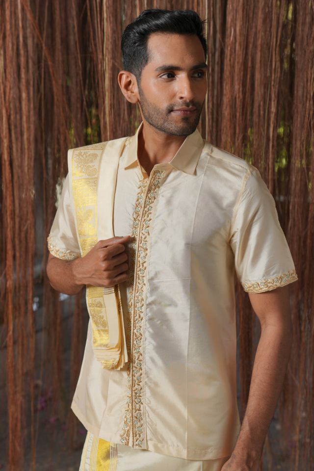 Sitara Kanjivaram — Sandstone Thread Embroidered Kanjivaram Pattu Silk Shirt & Lungi Set