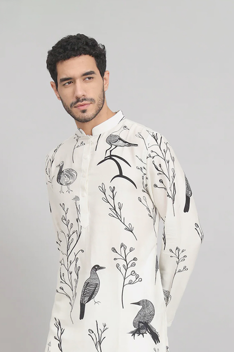Feathered — White Feather Print Cotton Kurta