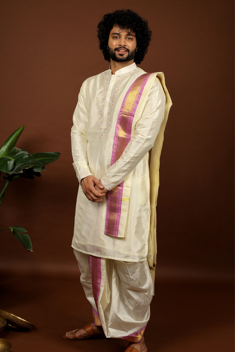Rahn — Off-White Lavender Thread Embroidered Pattu Kurta Set