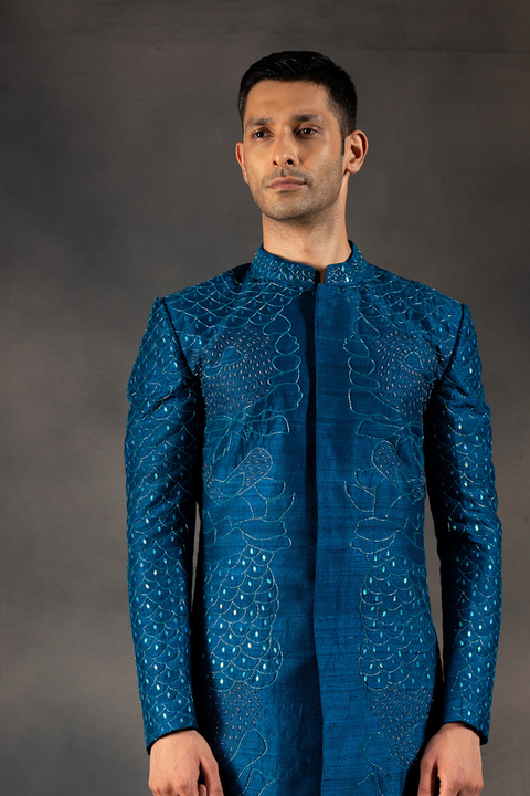 Starlit Indigo — Indigo Hand Embroidered Raw Silk Sherwani