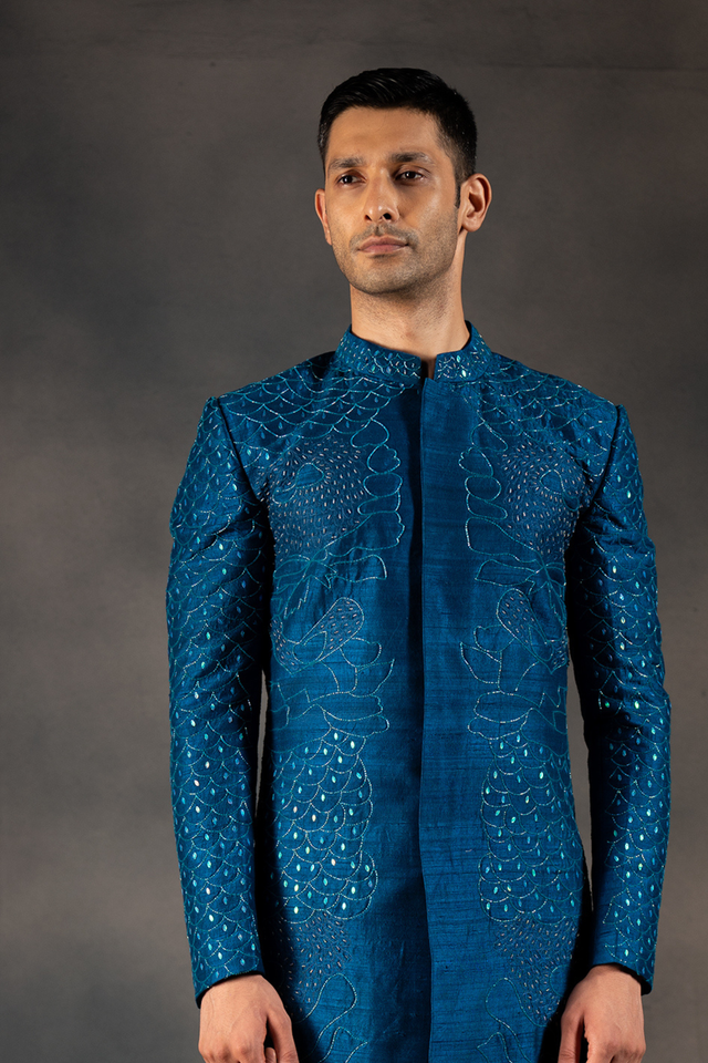 Starlit Indigo — Indigo Hand Embroidered Raw Silk Sherwani