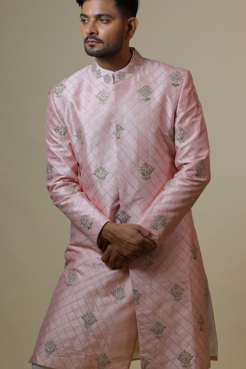 Light Coral — Coral Hand Embroidered Raw Silk Sherwani