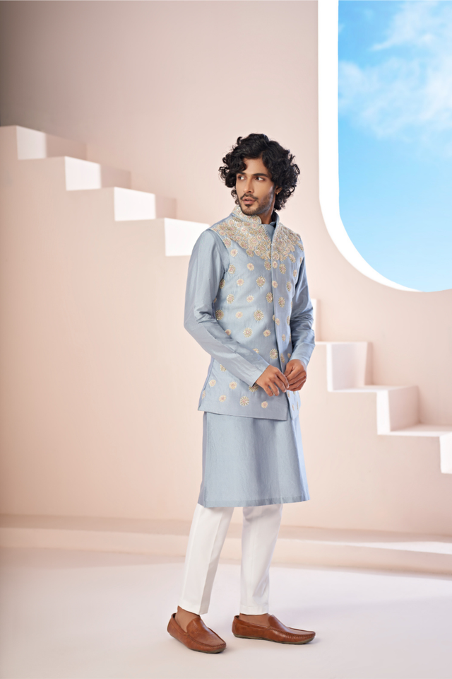 Claro — Powder Blue Nature Printed Dupion Silk Nehru Jacket Set
