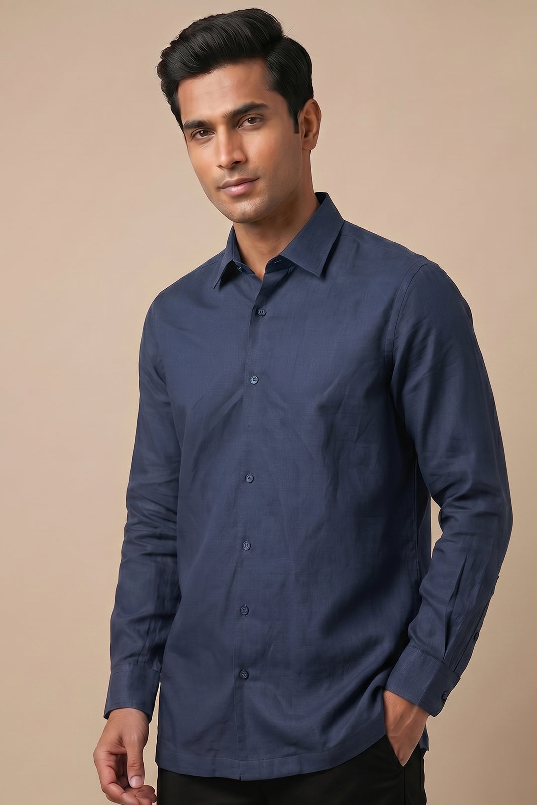 Blue cotton flex shirt with relaxed fit and open collar — Horizon by HILO DESIGN