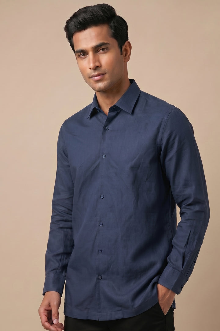 Blue cotton flex shirt with relaxed fit and open collar — Horizon by HILO DESIGN
