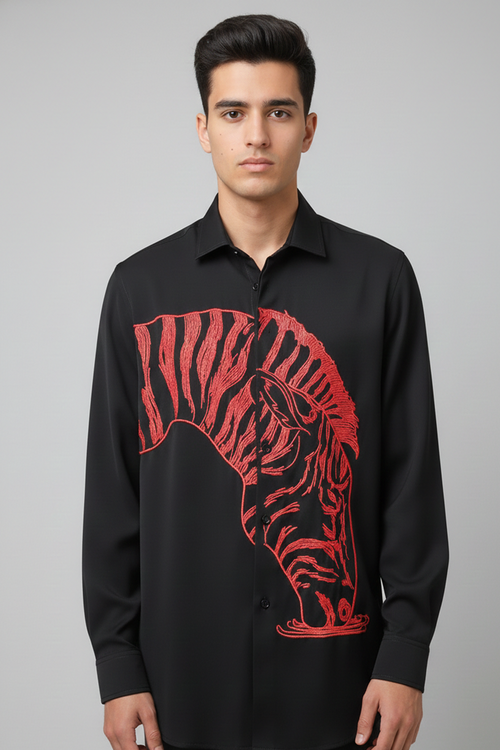 Striking Wild — Black Wild-Animal Embroidered Armani Fabric Shirt