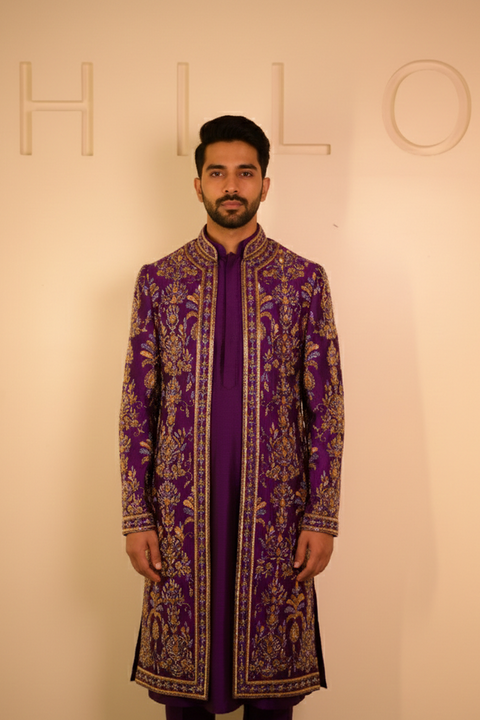 Heirloom Royale — Purple Hand Embroidered Dupion Silk Indowestern Sherwani