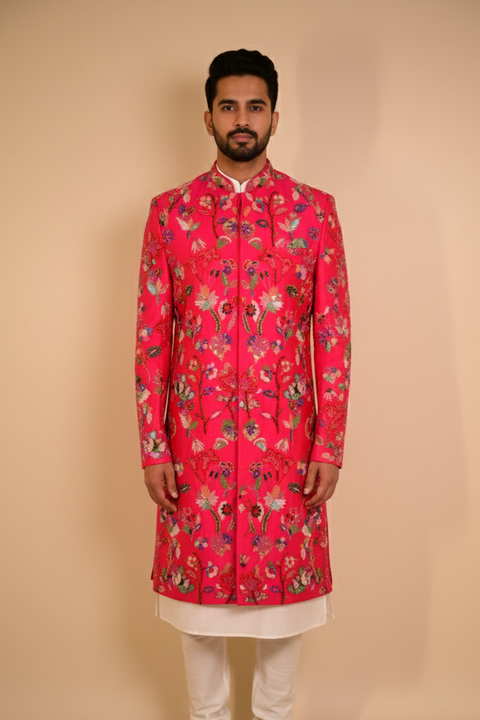 Bloomcrest Royale — Hand Embroidered Dupion Silk Indowestern Sherwani