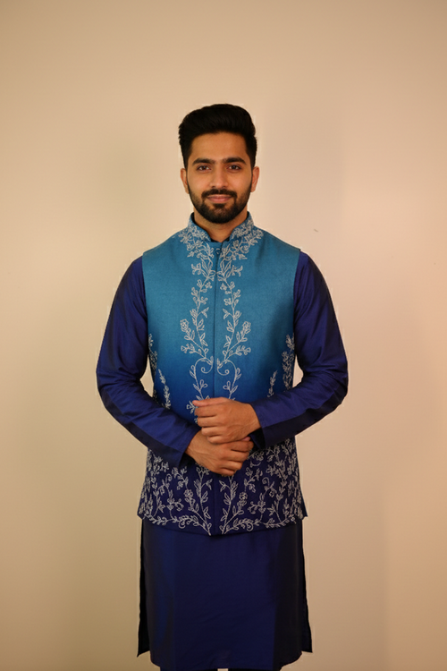 Samudra Royale — Blue Thread Embroidered Dupion Silk Nehru Jacket