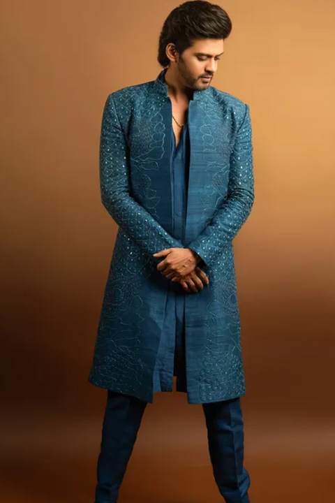 Royal Ink — Ink Blue Hand Embroidered Raw Silk Indo-Western Set