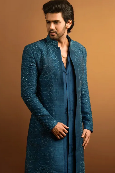 Royal Ink — Ink Blue Hand Embroidered Raw Silk Indo-Western Set