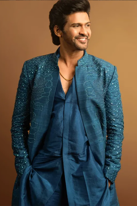 Royal Ink — Ink Blue Hand Embroidered Raw Silk Indo-Western Set