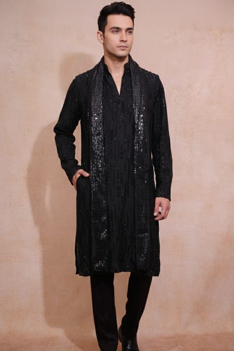 Kala Viraj — Black Hand Embroidered Falling Raw Silk Kurta