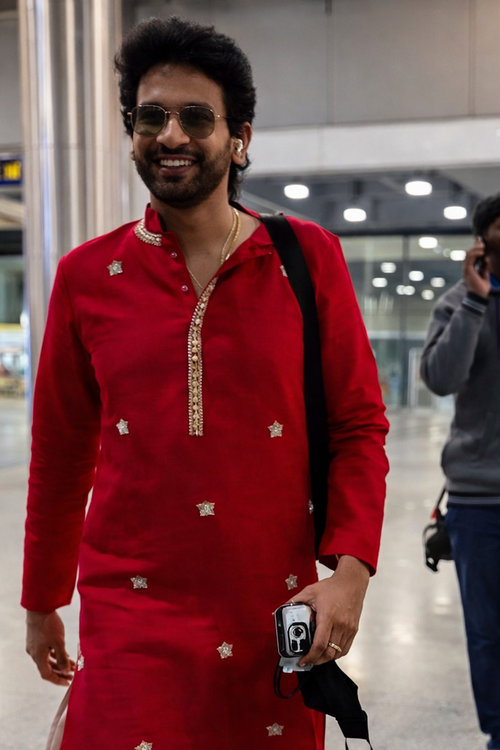 Kumkuma — Crimson Red Zari Embroidered Falling Raw Silk Kurta