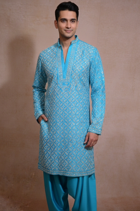 Aarohan Neel — Aqua Blue Embroidered Dupion Silk Kurta