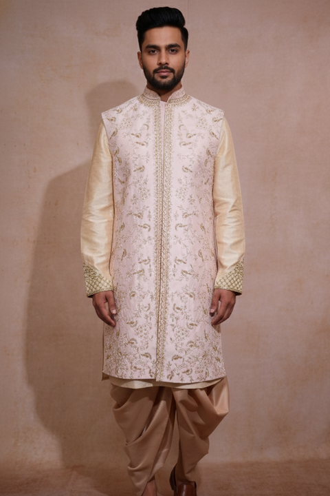Royal Sand — Sand Hand Embroidered Dupion Silk Sherwani Set