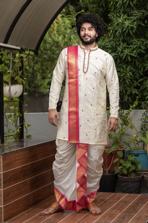 Classic Hand Embroidery — Off-White Pink-Thread Zardozi Pattu Kurta Set