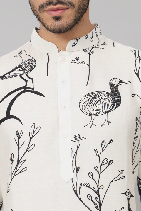 Feathered — White Feather Print Cotton Kurta