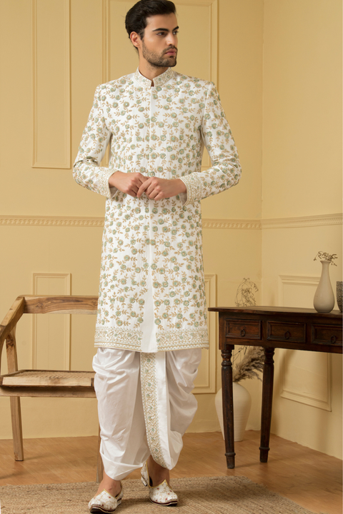 Verde — Off White Hand Embroidered Dupion Silk Sherwani