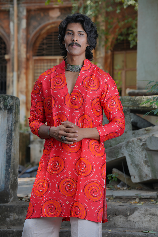 Tamra — Rani Pink Bandhej-Inspired Print Falling Raw Silk Kurta