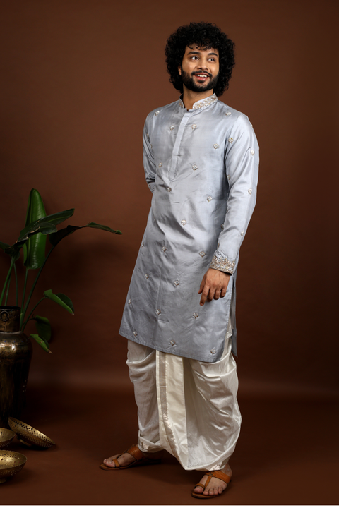Gracia — Grey & Cream Hand Embroidered Kanjivaram Pattu Kurta Set