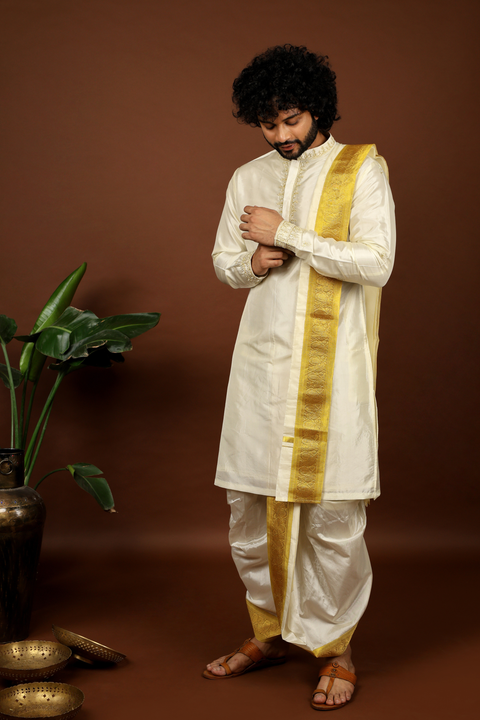 Heuso — Off-White Gold Thread Embroidered Pattu Kurta Set