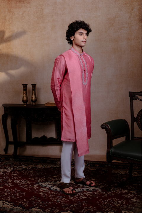 Prism Motif — Pink Geometric Embroidered Falling Raw Silk Kurta
