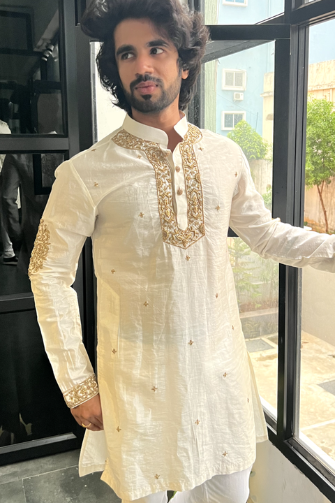 Swachh Pattu — Cream Thread Embroidered Pattu Kurta Set