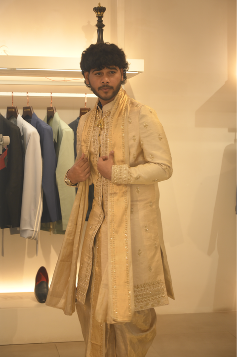 Swarnika — Gold Hand Embroidered Double Tissue Pattu Sherwani Set
