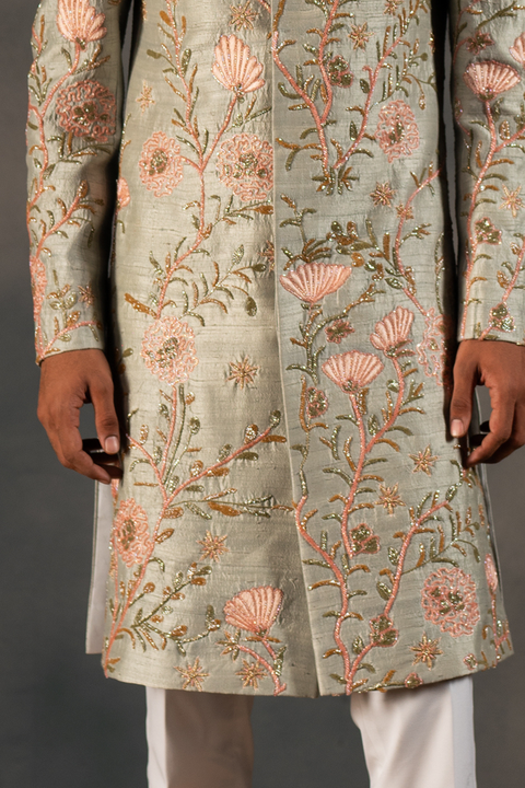 Minty Coral — Olive Green Hand Embroidered Raw Silk Sherwani