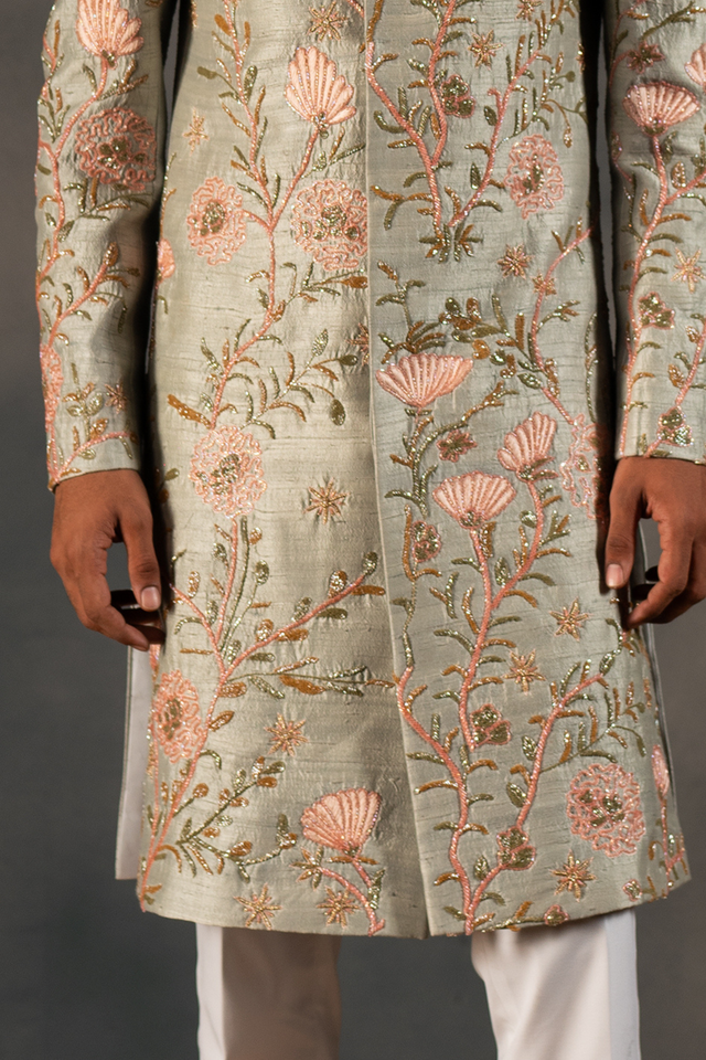Minty Coral — Olive Green Hand Embroidered Raw Silk Sherwani