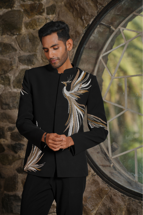 Skyflare — Black Metallic Peacock Embroidered British Suede Suiting Bandhgala