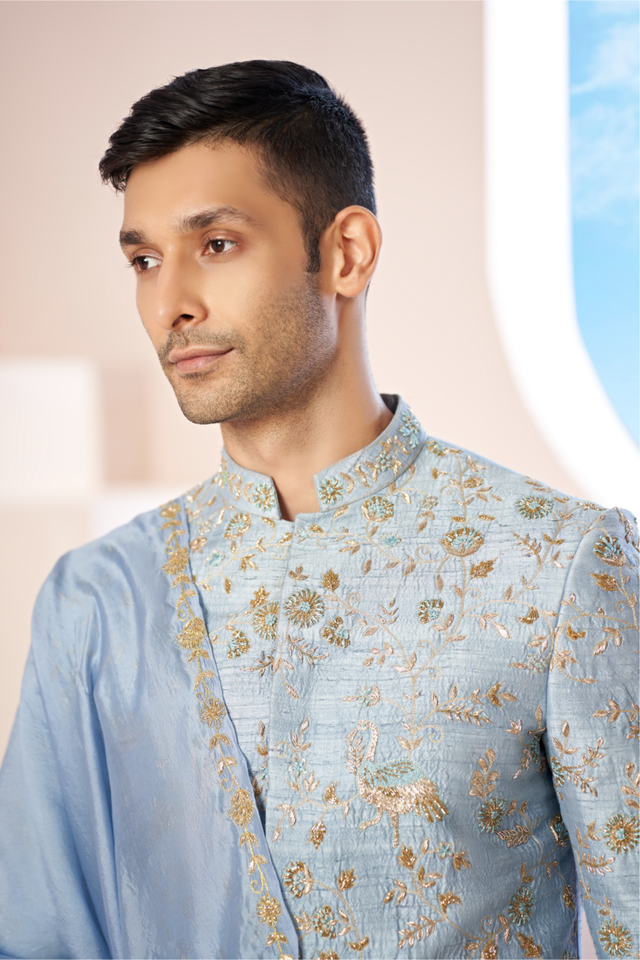 Luxavia — Blue Hand Embroidered Raw Silk Sherwani