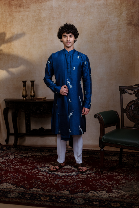 Neel Mayura — Teal Blue Peacock Embroidered Falling Raw Silk Kurta